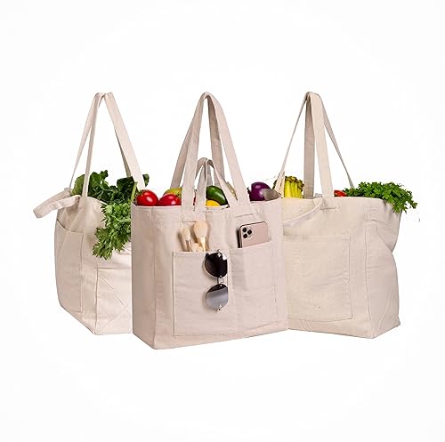 Healius Canvas Grocery Shopping Bags 3pc XL Set, Reusable Grocery