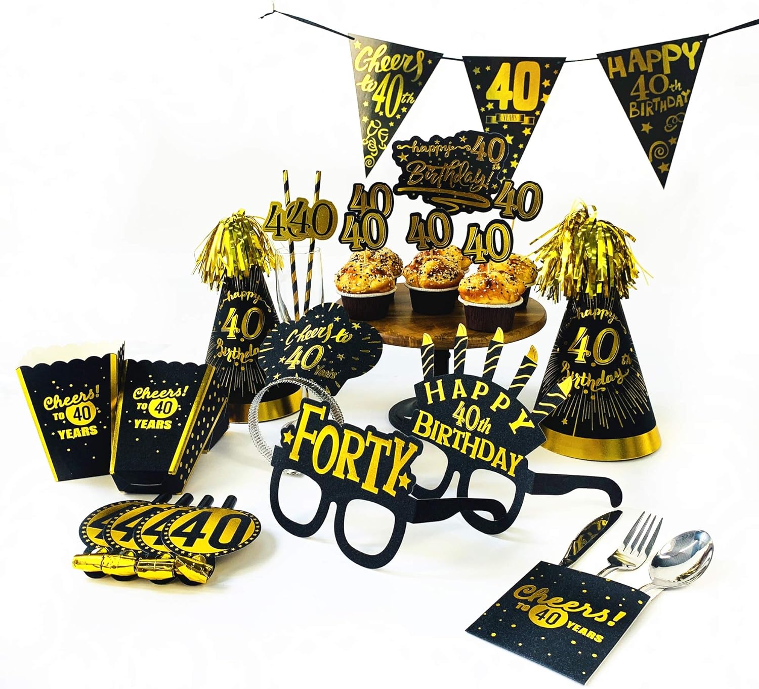 40th birthday decorations gold hats - cone hats with gold glitter cardstock, black gold theme 40th birthday party supplies. 40th birthday party favors. 6 Count: Clothing