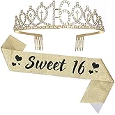 16th Birthday Sash and Tiara, Sweet 16 Fabulous Sash and Tiara Birthday Crown, Happy 16th Birthday Gifts for Party Favors Supplies and Decorations, Gold