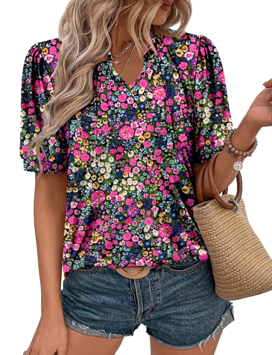 KISSMODA Women's Tunic Tops Casual V Neck Short