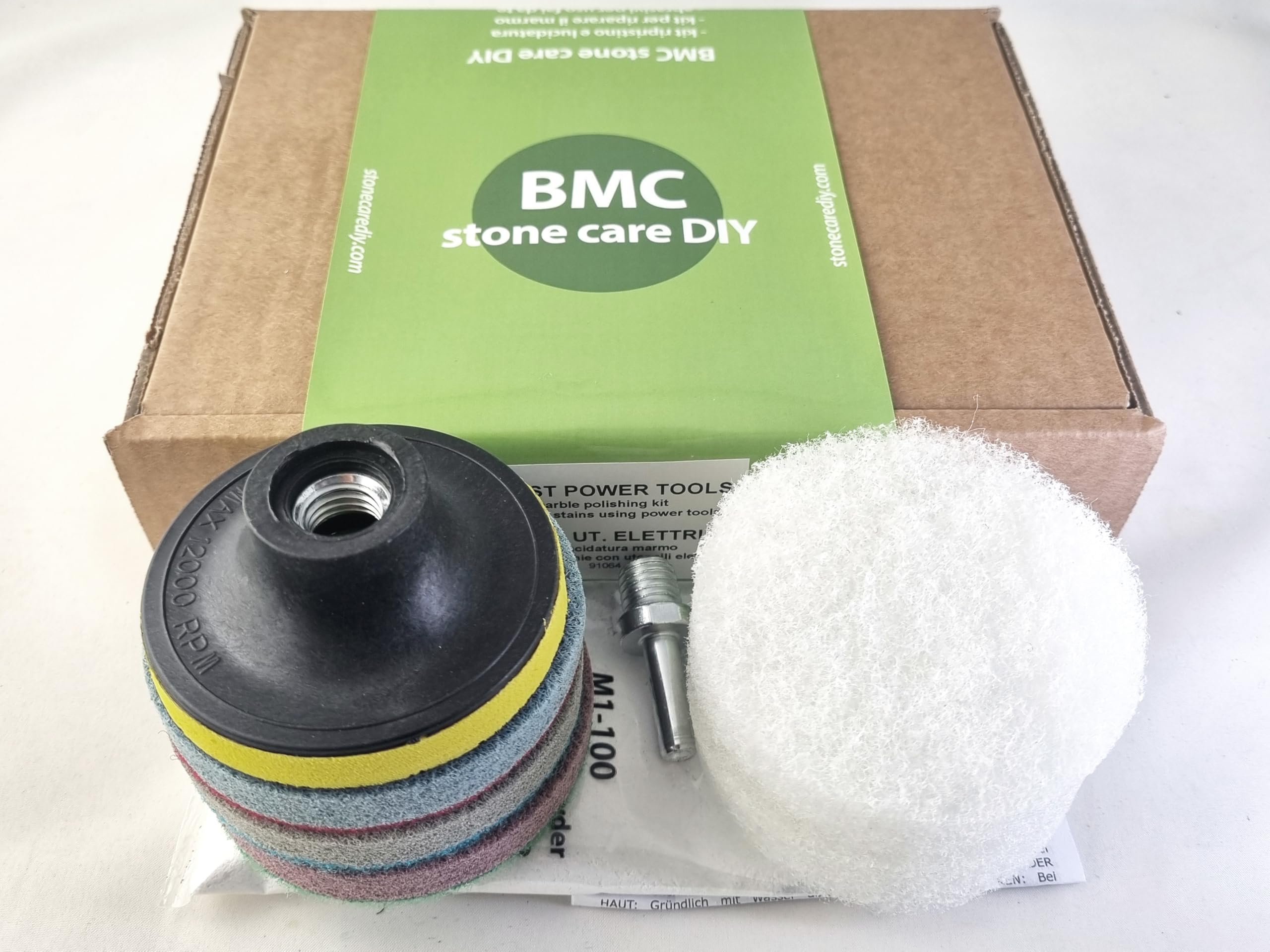 BMC V_FAST PT Marble Polishing Kit for Power Tools with 3" Diamond Sanding Discs Non Abrasive Nylon TNT Pad Polishing Powder Backing Pad Pin Adapter For Use with Sander or Drill