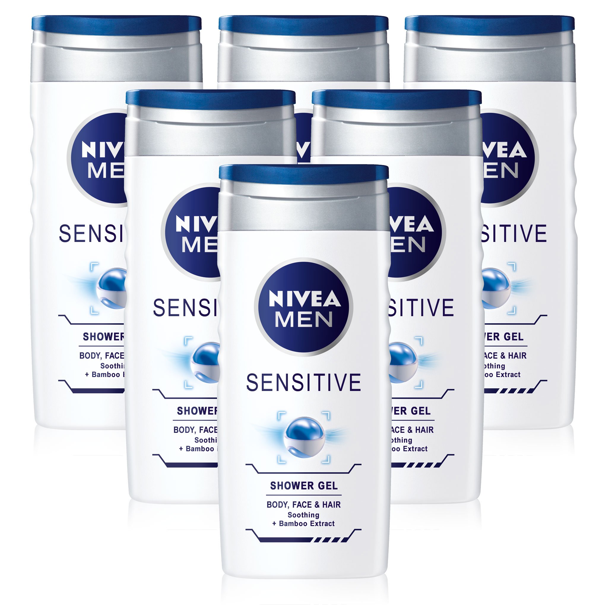 x6 Nivea MEN Shower Gel Body Wash SENSITIVE -Body Face & Hair 250ml Alcohol Free