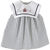 Baby Girls Sleeveless Navy Collar Striped Dress with Embroidery, 6 Months-12 Years, Summer Casual Style
