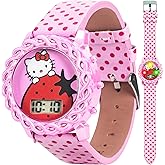Hello Kitty Kids Digital Watch with LED Display, Pink Polka Dot PU Leather Strap, Adorable Strawberry Design, Fun Light-Up Feature, Durable & Adjustable Fit for Wrist Sizes 5.5" to 8"