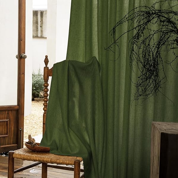 PANGSINNE 9FT LINEN PINCH PLEATED CURTAINS – FARMHOUSE BEDROOM SEMI SHEER BACK TAB CURTAIN FOR LIVING ROOM OLIVE GREEN 108 INCH LENGTH 2 PANELS SET