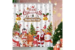 JWXCBIM Merry Christmas and Happy New Year Shower Curtain, Santa Claus Snowman Home Bathroom Decor, Polyester Cloth Fabric Bath Curtain with 12 Hooks (72x72 Inches, Christmas White)