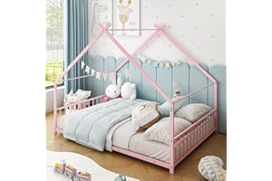 Karl home Full Size Toddler Floor Bed, Metal Montessori Bed with Slats & Fence, No Box Spring Needed, Roof/House/Canopy Bed Frame for Girls & Boys, Pink