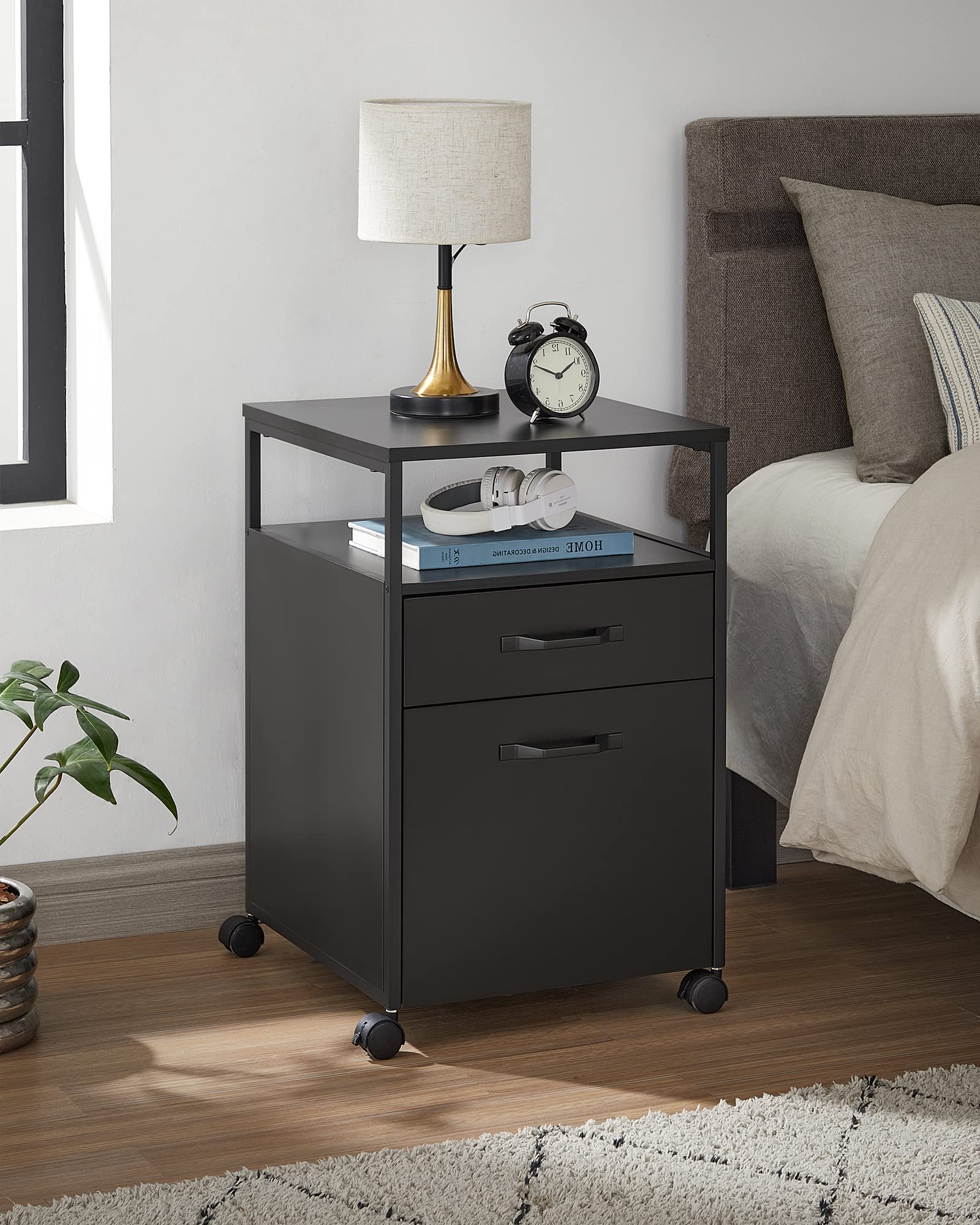 VASAGLE File Cabinet, Mobile Filing Cabinet with Wheels, 2 Drawers, Open Shelf, for A4, Letter Size, Hanging File Folders, Ink Black UOFC071B16