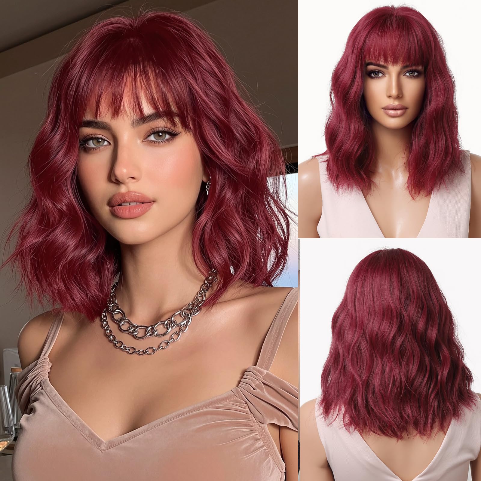 Esmee Short Wave Red Bob Wigs With Fringe Shoulder Length Burgundy Wig Curly Wavy Synthetic Cosplay Wigs for Women — image 1