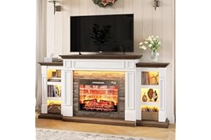 NAICE 72" Electric Fireplace with Mantel and Cabinets, Fireplace TV Stand for Living Room Bedroom, LED Light, Stacked Stone Surround and Remote Control 3D Realistic Flame