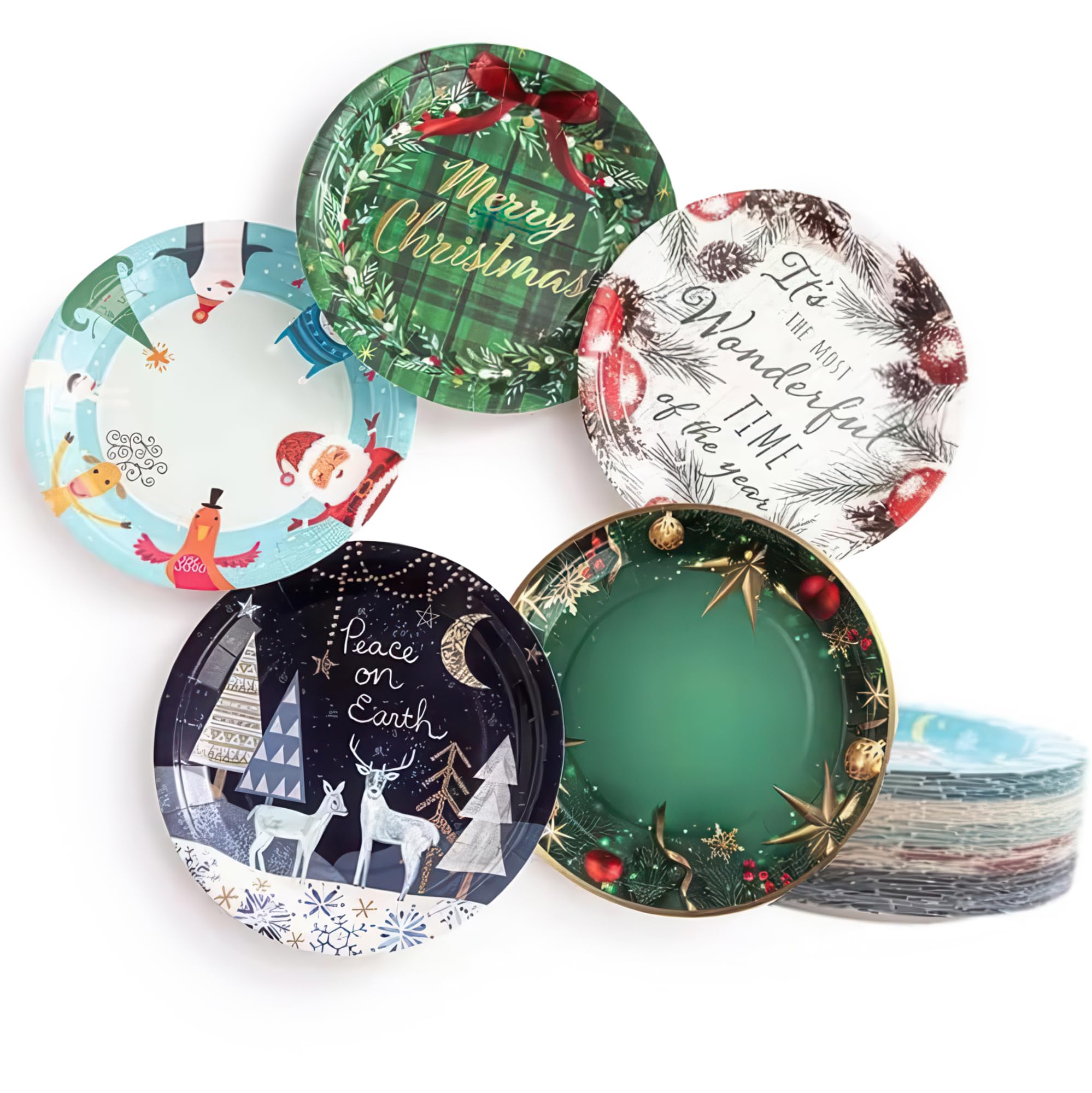 50pcs Disposable Christmas Party Paper Plates in 5 Assorted Designs Paper Tableware 9inch, Oil and Water Resistant Microwaveable Freezer Safe, Recyclable and Biodegradable
