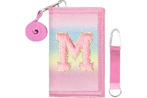 SiorVeol Girls Wallet for Kids Initial Glitter Wallets Trifold with Zipper and Card Slots Including Neck Lanyard and Hanging Strap, Rainbow with Stripes, M