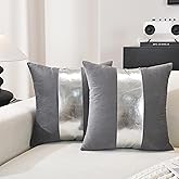 TAOSON Pack of 2 Velvet Decorative Throw Pillow Covers Dark Grey Patchwork with Silver Striped Leather Pillow Covers 18×18 Inch Cushion Covers Decor Living Room Sofa Bedroom Car Only Cover No Insert
