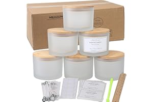 MILIVIXAY 6 Pack 16 oz Candle Jars with Bamboo Lids and Candle Making Kits - 3 Wick Candle Jar,Bulk Empty Frosted White Thick Glass Jars for Making Large Candles- Spice, Powder Containers.