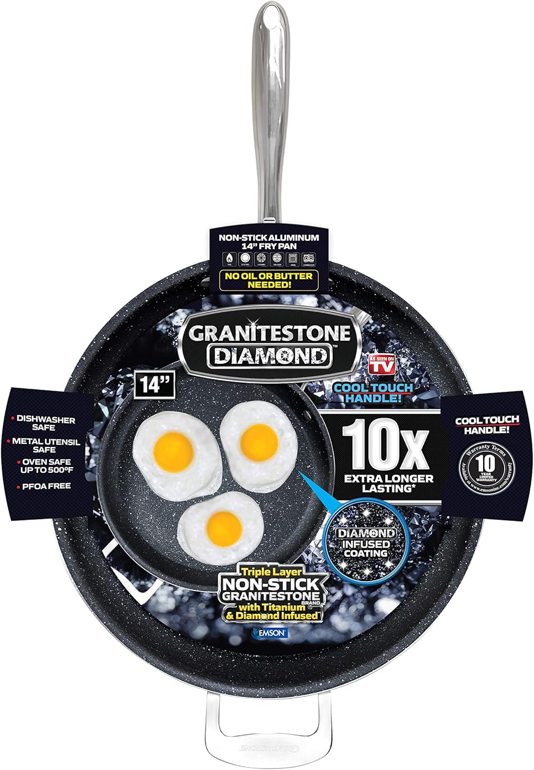 Granite Stone 14” Nonstick Frying Pan with Ultra Durable Mineral and Diamond Triple Coated Surface, Family Sized Open Skillet with Stainless Steel Stay Cool & Helper Handle, Oven and Dishwasher Safe: Kitchen & Dining