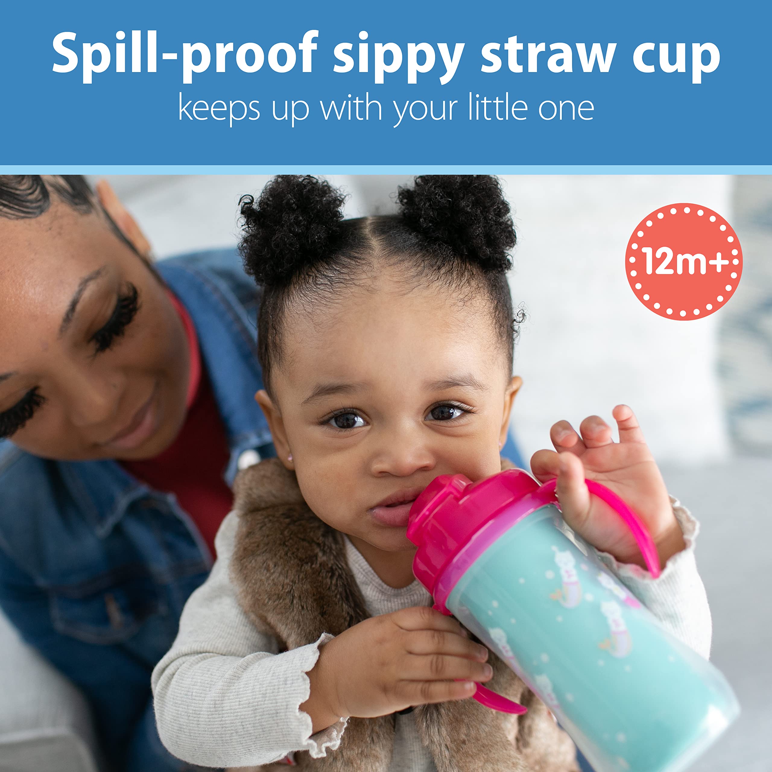 Dr. Brown's Milestones Insulated Sippy Cup with Straw and Handles, Spill-Proof Tumbler with Lid, 2-Pack, Pink, 10 oz/300 mL, BPA Free, 12m+