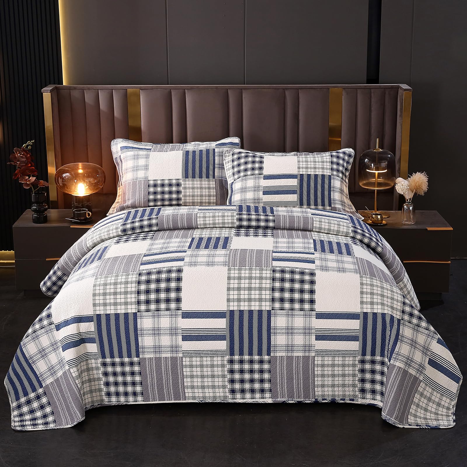 vctops Cotton Quilted Patchwork Quilt Set Queen Size Farmhouse Blue Plaid Bedspreads Coverlet 3 Pieces Summer Lightweight 1 Quilt and 2 Pillow Shams for All Season (Plaid B,Queen) Image