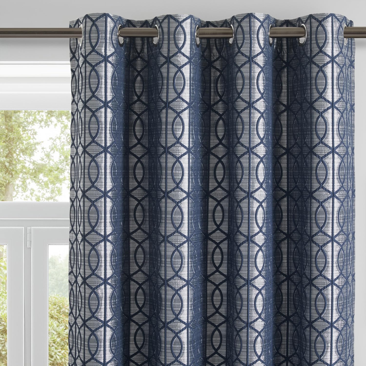 Deep Blue and Silvery 100% Blackout Curtains 63 Inch Length 2 Panels, Jacquard Thermal Insulated Noise Reducing Grommet Drapes for Bedroom Living Room, 2pcs, 42" W x 63" L
