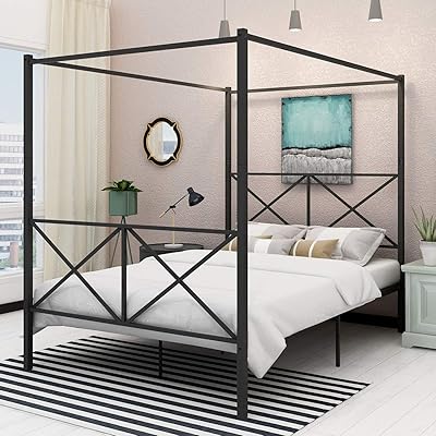 Buy Canopy Bed Frame Metal 4 Post Canopy Queen Size Bed Cozy Bedroom With Headboard And Footboard Best Choice Products Reinforced Lron Frame Bed Good Installation Black Online In Indonesia B07yqt8731