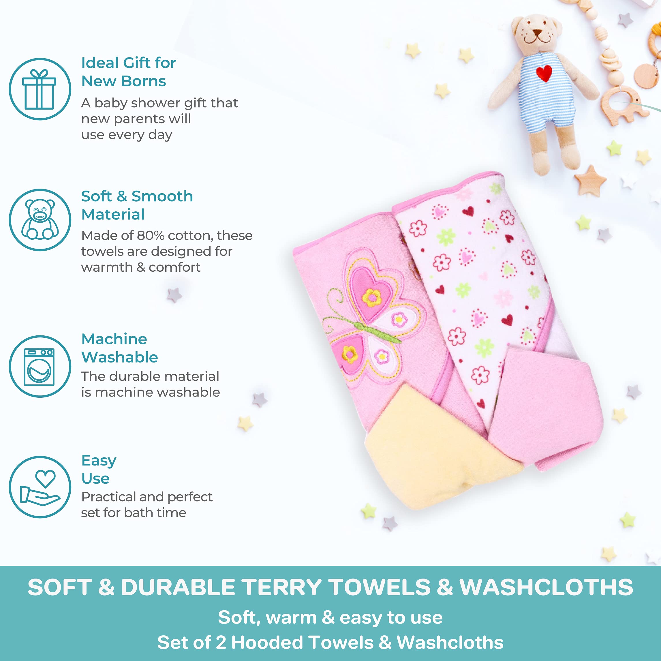 Spasilk Bath Hooded Towels & Washcloths Set for Babies, 2 Hooded Terry Bath Towels & 2 Washcloths, Pink Butterfly