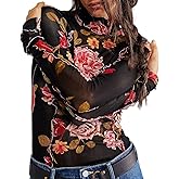 Women Floral Print Mesh Top Long Sleeve Mock Neck See Through Tee Lettuce Trim Sheer Shirt Y2k Summer Blouse Top