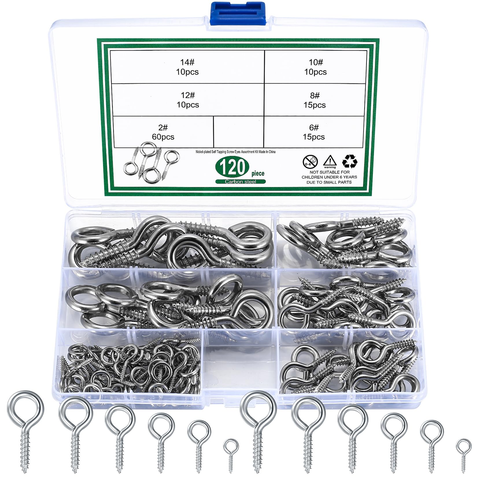 Jttxiu 120 Pcs Eye Hooks, Metal Ceiling Hooks Screw-in Eye Hooks, Heavy Duty Nickel Plated Self Tapping Cup Hook Eyelet Bolts for Indoor Outdoor, Wood, Securing Cables Wires, 6 Size (Silver)