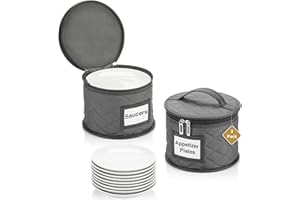 STOZU 2 Pack 6" Small Plate Storage Case - China Storage Container - Stackable With Padded Interior to Store Dinnerware Dishes - 24 Felt Dividers Included - Gray - Great for Saucers and Small Bowls