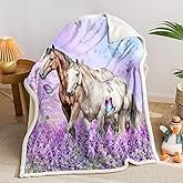 AILONEN Horse Throw Blankets for Girls Women,Purple Lavender Floral Blanket Cozy Fleece Sherpa Blanket,Animal Horse Flower Printed Blanket,Running Horse Blanket 70 x 55 Inches