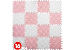 Coolcandy 16 Tiles Baby Play Mat, 0.4 Inch EVA Interlocking Floor Mats, Solid Colored Foam Puzzle Floor Mat Foam Mats for 47 * 47 inch playpen(White/Loli Pink)
