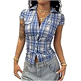 Floerns Women's Y2k Plaid Blouse Cap Sleeve Collared Going Out Button Down Shirts