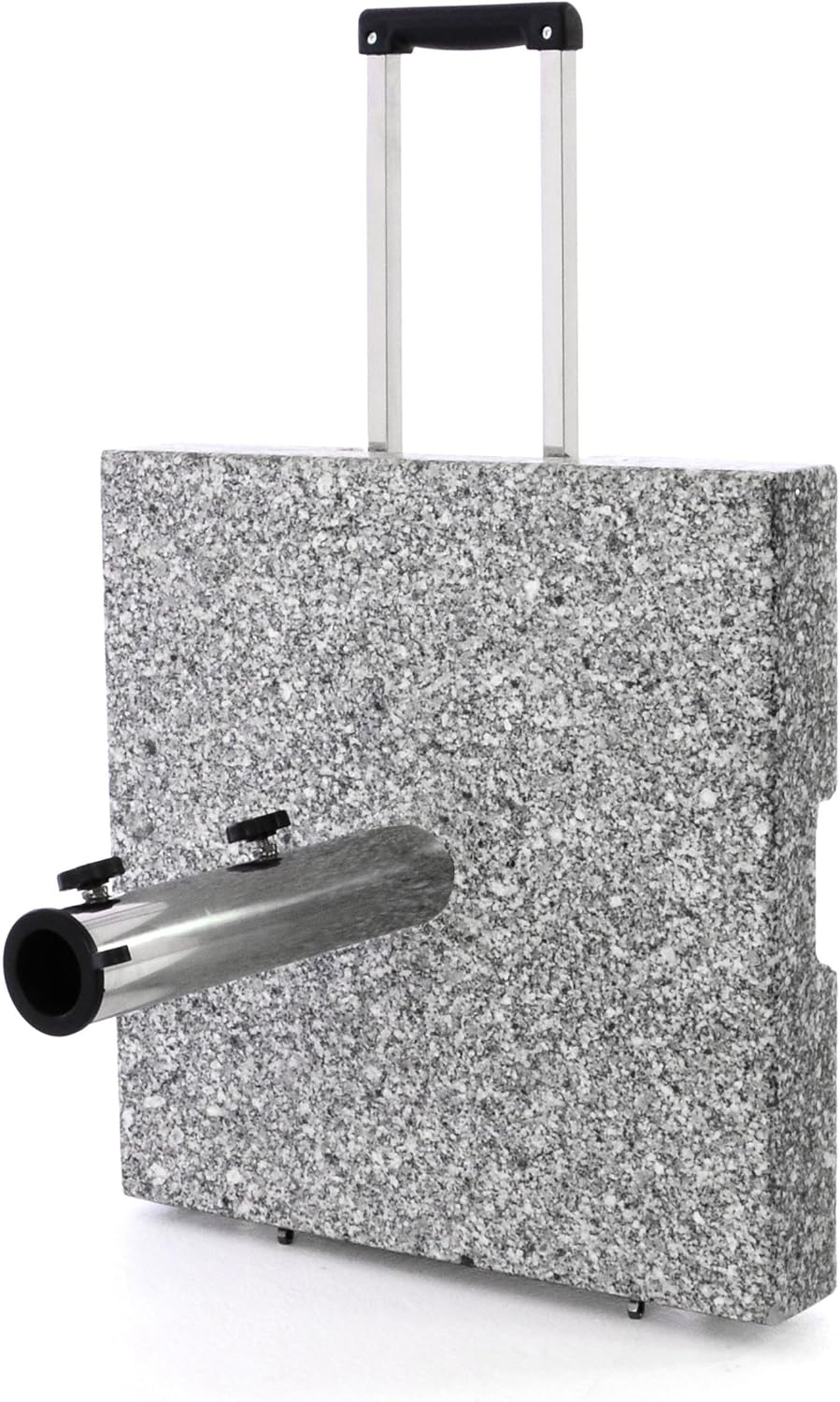 Nexos Sonnenschirmständer Granit Grau eckig mit Trolley-Griff, Rollen, Reduzierhülsen, Edelstahlrohr poliert 45 x 45 cm 40 kg. Für Schirme bis 3,5 m
