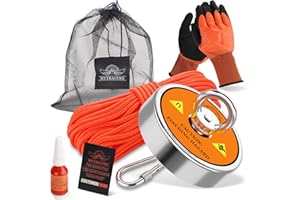 Mytracpro Fishing Magnet Kit - 800 LBS Pulling Power, Orange, Neodymium, Round, Single Sided, 65 FT Nylon Rope, 6 Pieces