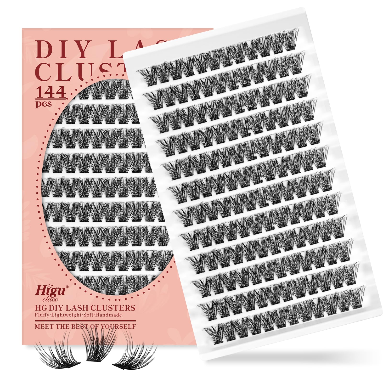 Higu clace Lash Clusters DIY Eyelash Extensions, 144pcs Individual Thin Band Wide Stem Lashes D Curl Natural Wispy 18mm Soft Reusable Curly False Lashes DIY At Home (Pretty01-18mm)