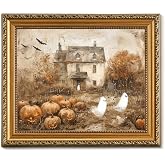 Vodefoad Retro Detachable Gold Framed Wall Art for Home Decor Halloween Pumpkins with Cute Ghost Farmhouse Gold Framed Wall Decor Prints Halloween Gothic Dark Academia Painting Picture for Kitchen, Gallery, Bathroom Wall decor - 8x10Inch