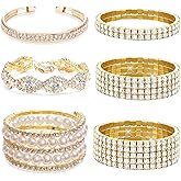 EIELO 6 Pcs Rhinestone Stretch Bracelet for Women Sparkly Clear Crystal Wedding Bridal Bridesmaid Stretch Bracelet Jewelry Stackable Elastic Pearl Multilayer Strand Link Tennis Bracelets Set