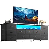 Huuger 63 Inch TV Stand for 65, 70 Inch TV, 11 Drawer Long Dresser with Power Outlets and LED Lights, Entertainment Center with Storage, Black Dresser with PU Leather Surface