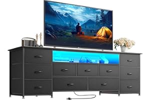Huuger 63 Inch TV Stand for 65, 70 Inch TV, 11 Drawer Long Dresser with Power Outlets and LED Lights, Entertainment Center with Storage, Black Dresser with PU Leather Surface