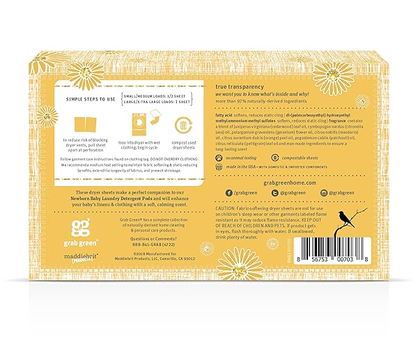 GRAB GREEN NEWBORN BABY DRYER SHEETS – NATURAL SCENT BOOSTER AND FABRIC SOFTENER TO REDUCE WRINKLES AND STATIC (CALMING CHAMOMILE SCENT, 40 SHEETS TOTAL)