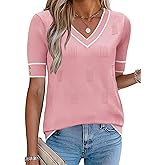 Zeagoo Womens Short Sleeve Sweater 2026 Summer V Neck Lightweight Sweater Tops Dressy Ribbed Knit Outfits with Buttons