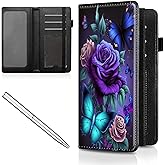Mxfdegf Checkbook Cover for Men & Women, with Card Slot Pen Hoop, Leather Checkbook Register Holder Money Slim Wallet with RFID Blocking Elastic Strap,Blue Pink Roses Butterflys
