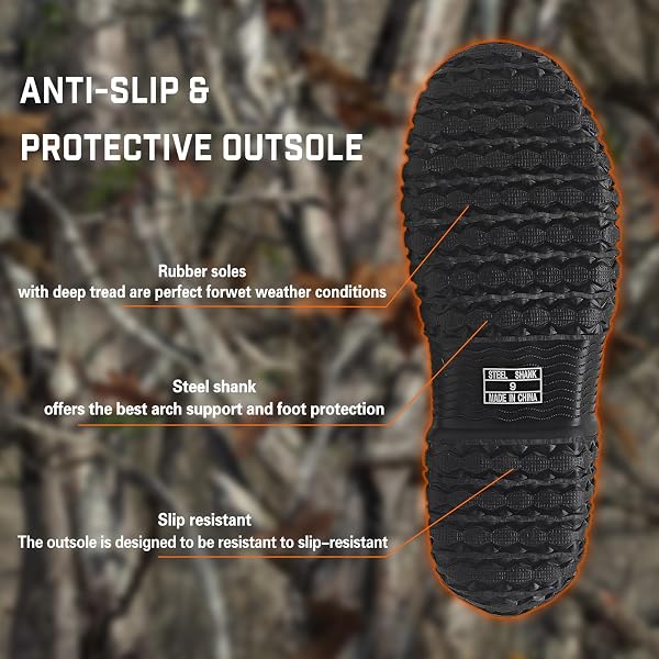 GIEESHIELD RUBBER BOOTS FOR MEN AND WOMEN, WATERPROOF INSULATED HUNTING & WORK BOOTS WITH STEEL SHANK, DURABLE ANTI-SLIP OUTDOOR BOOTS FOR FARMING, GARDENING, FISHING, MUD WORKING(BLACK, NEXT G2 CAMO)