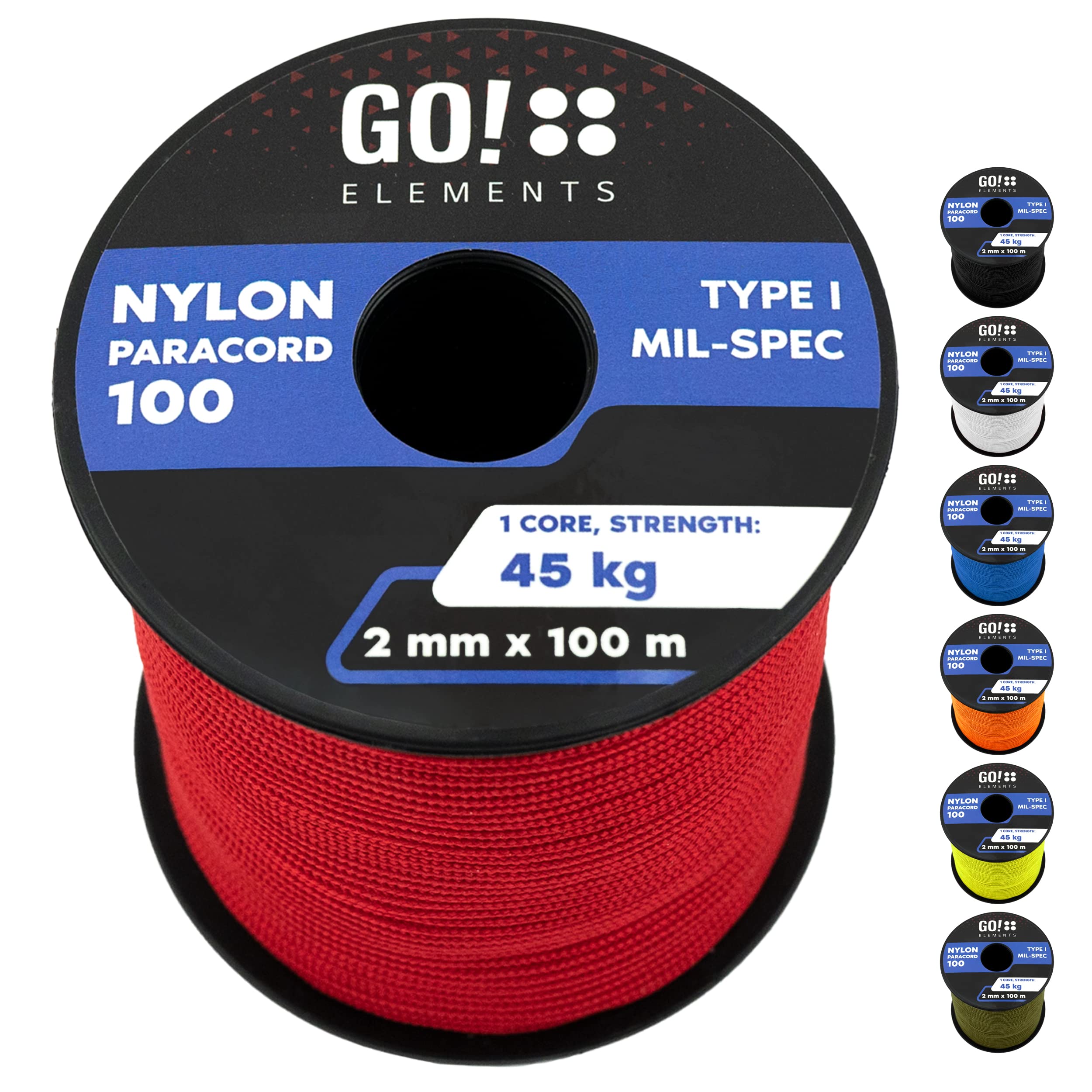 GO!elements Paracord 100 Type I, 100m Nylon Cord, 45kg Tensile Strength, Red, All-Purpose Rope for Indoor & Outdoor Use, Military Standard, Weather Resistant