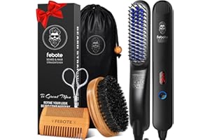 FEBOTE Innovation Beard&Hair Straightener for Men w/Natural Boar Bristle Brush, Pear Wood Comb, Mustache Scissors and Travel Bag, Professional Beard Care Set for Him, Men's Fashion and Grooming Gifts