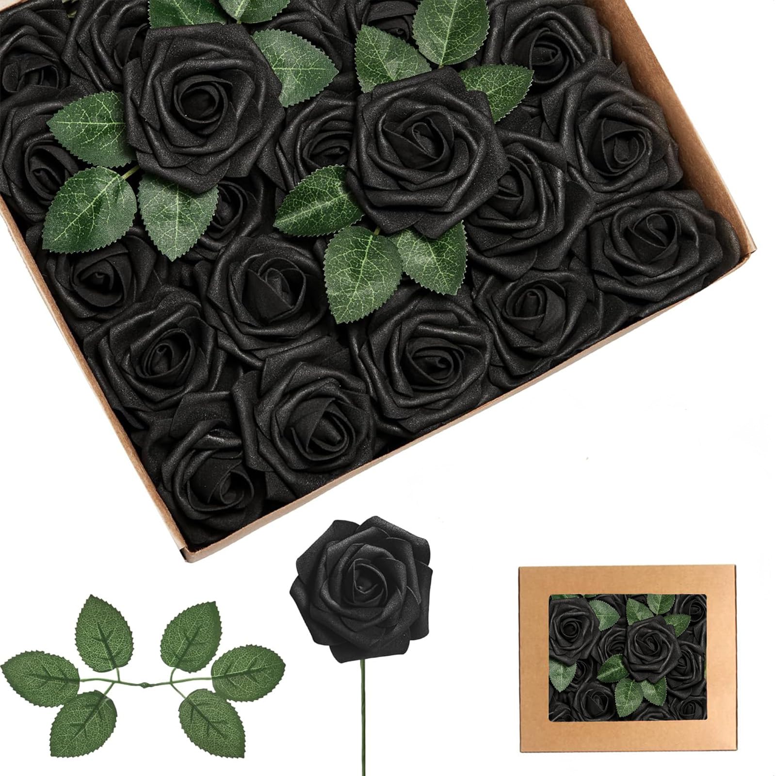25Pcs Black Artificial Roses, Real Touch Foam Roses with Stems, 4 Leaves, Artificial Flowers for Wedding, Bridal Bouquets, Cake, Grave Stone, Table Centerpieces, Baby Shower, Funeral Decoration