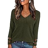 PRETTYGARDEN Women's Long Sleeve Shirts Ribbed Knit V Neck Tee Dressy Casual Blouses Going Out Tunic Tops 2026 Fall Outfits