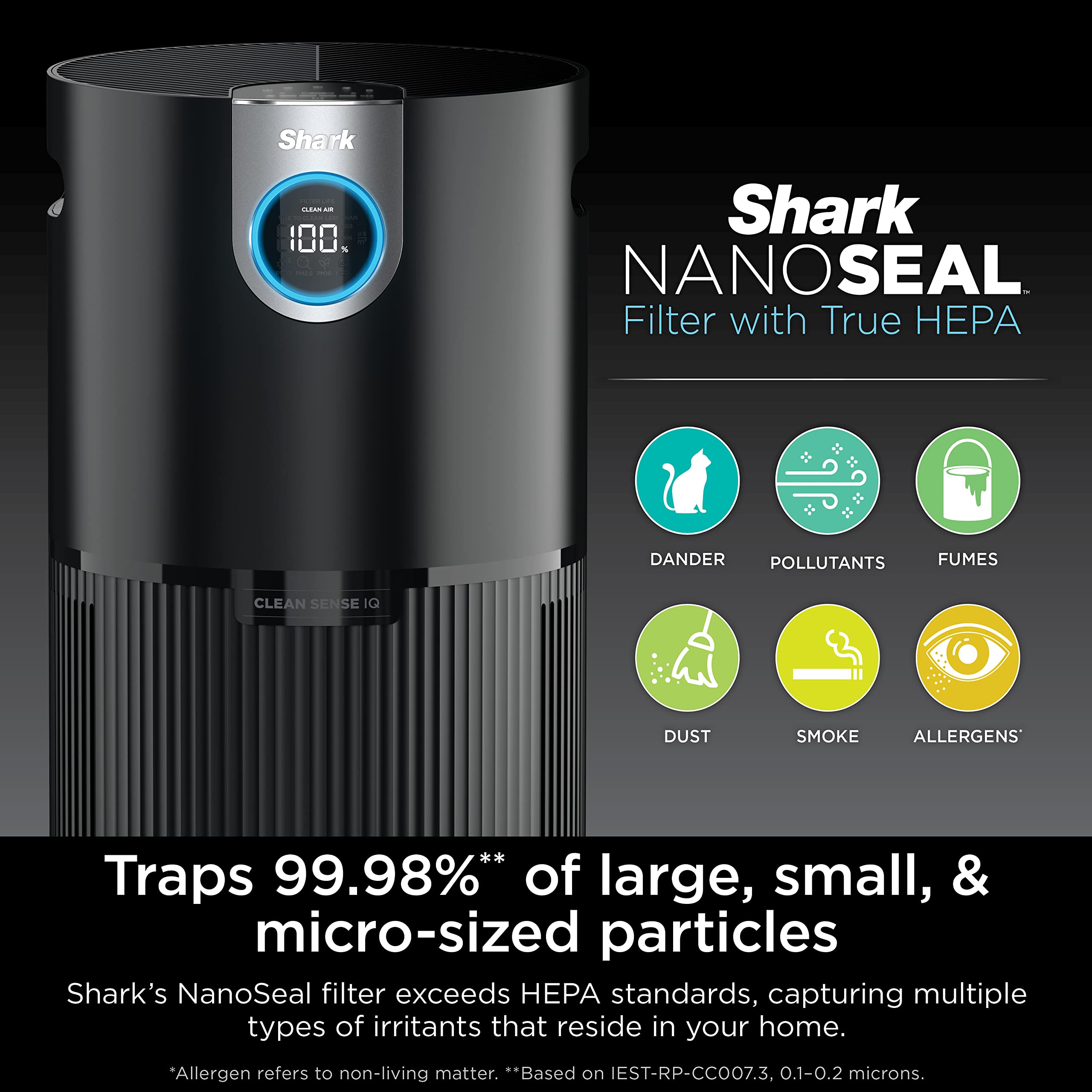 Shark Air Purifier for Home, Office, and Bedroom, Clean Sense Technology, HEPA Air Filter, 1200 Sq Ft, Captures 99.98% of Particles, Pet Dander, Pollutants, Dust, Smoke, Allergens & Smells, HP202