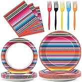 100PCS Mexican Serape Fiesta Plates and Napkins Party Supplies Mayo Day of The Dead Tableware Set Decor Favors for Mexico Taco Colorful Stripes Dia De Los Muertos Decor Serves 25