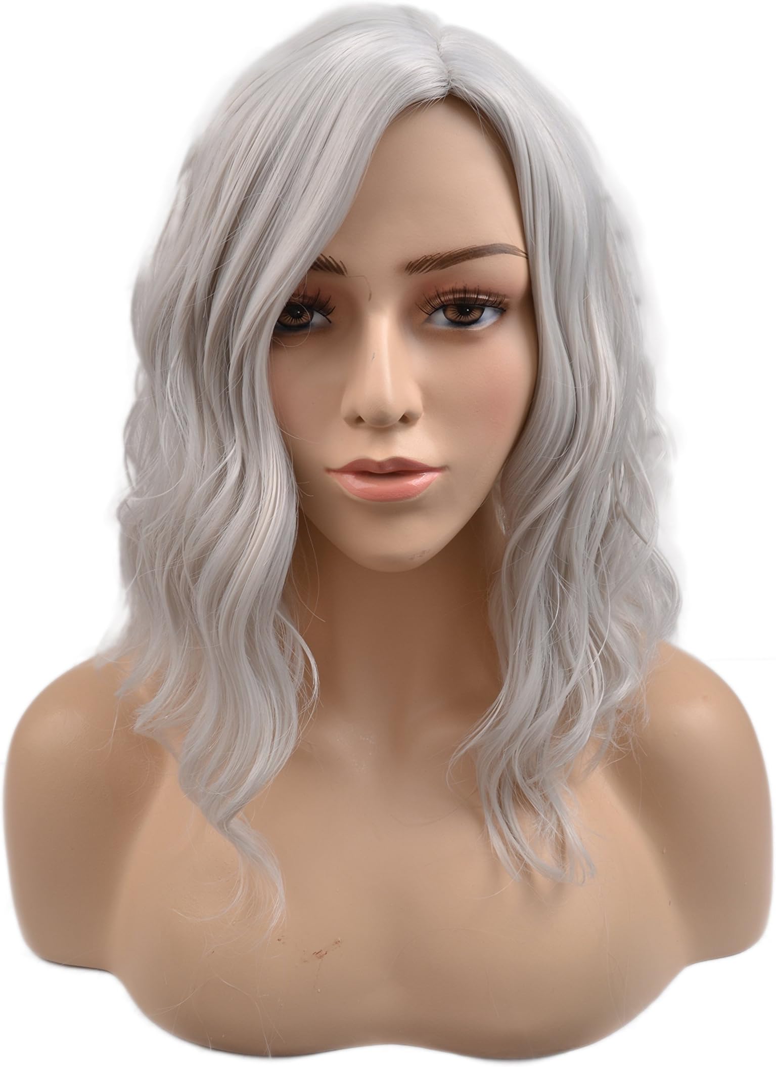 MeriCino 14" Short Bob Wigs Silver Wavy No Bangs Wig Shoulder Length Middle Part Synthetic Wigs Natural Hair Harajuku Costume Party Wig for Women + Free Wig Cap(Silver no Bangs)