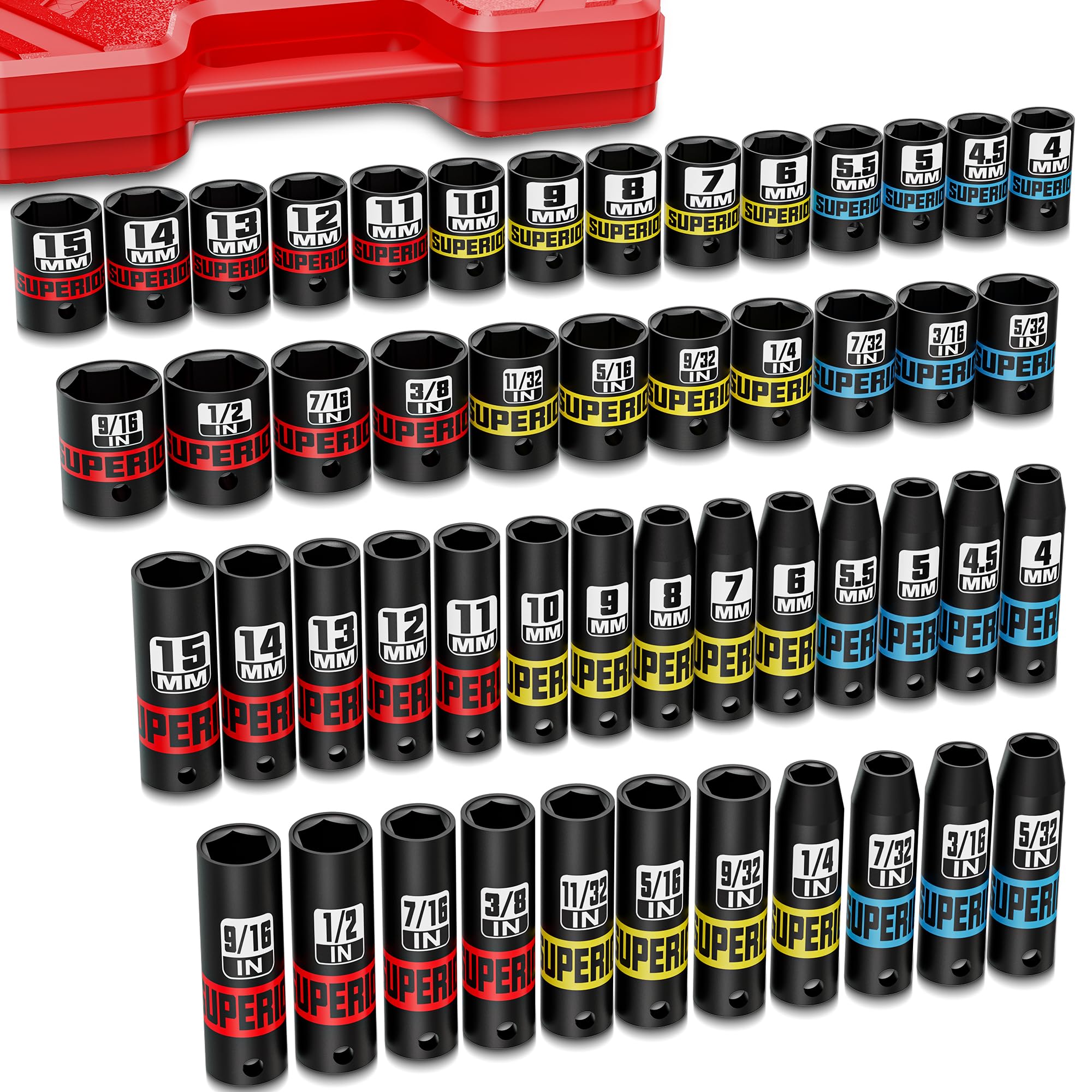 Aiourx 50 Piece 1/4" Drive Impact Socket Set, SAE (5/32" - 9/16") & Metric (4 mm - 15 mm), Deep and Shallow Sockets, Auto Repair Bicycle Maintenance and Furniture Assembly Image