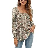 LOMON Blouses for Women Puff Long Sleeve Shirts Square Neck Casual Smocked Tunic Tops 2024 Spring Fall Winter Clothes S-XL
